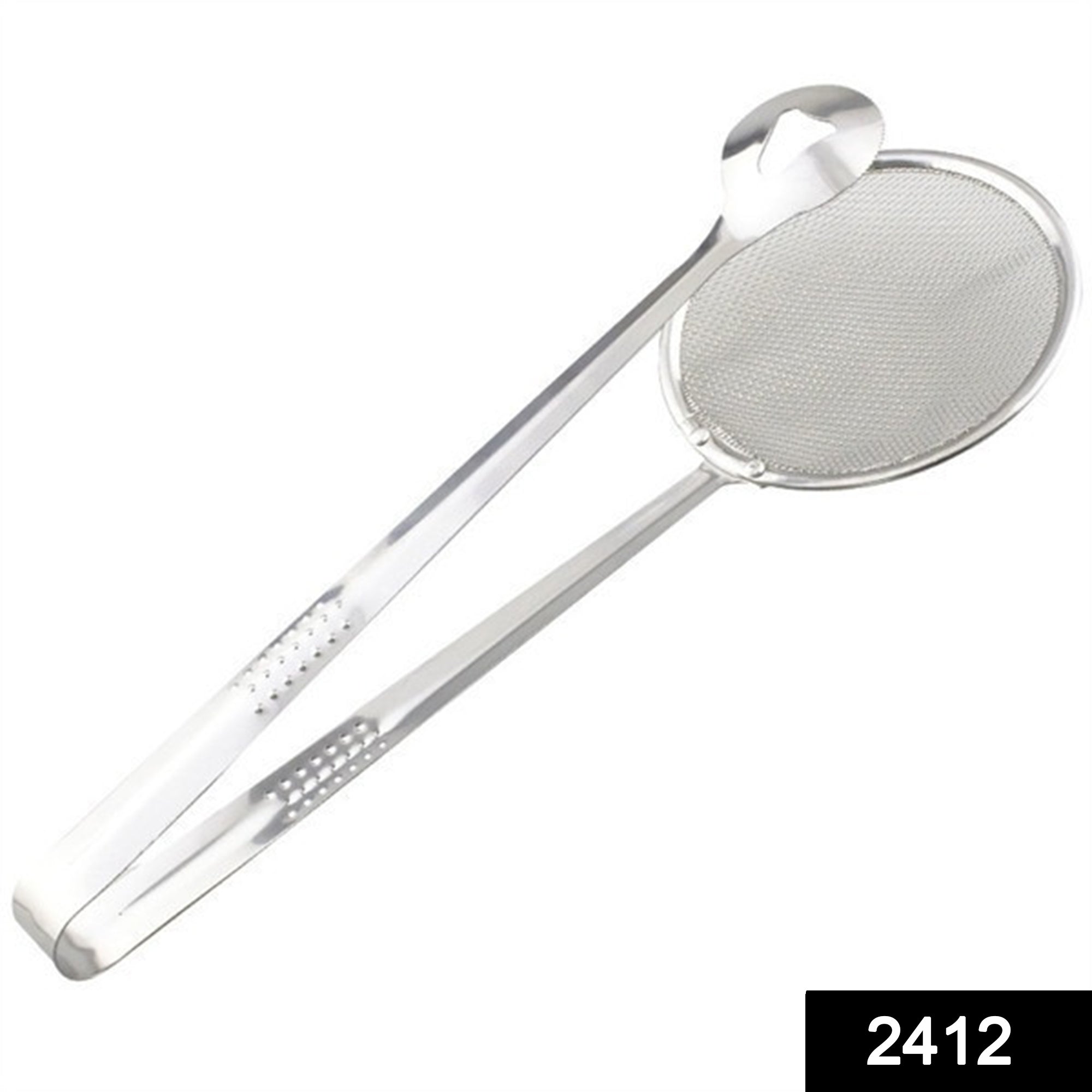 Stainless steel filter spoon with clip for frying, multi-use. Stainless steel filter spoon with clip for frying, multi-use.